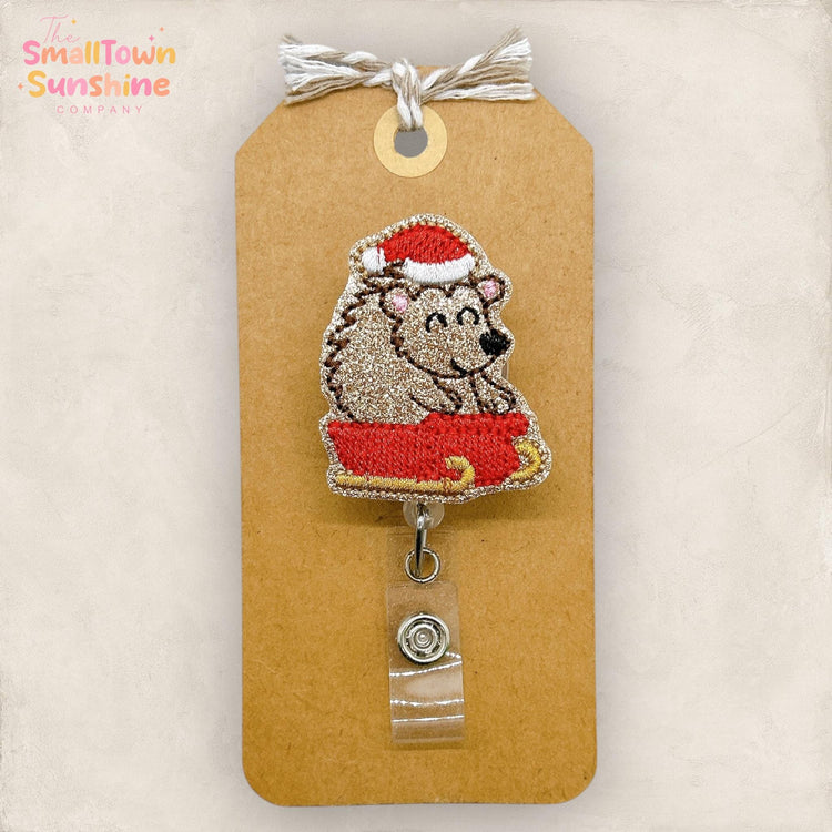 Sledding Hedgehog Badge Reel, Winter Badge Reel, Nurse Badge Clip, Teacher Lanyard, Coworker Gift, Name Tag, Retractable ID Holder | GLITTER