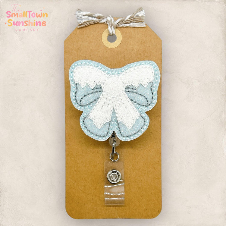 Snow Capped Bow Badge Reel, Winter Badge Reel, Nurse Badge Clip, Teacher Lanyard, Coworker Gift, Name Tag, Retractable ID Holder | GLITTER