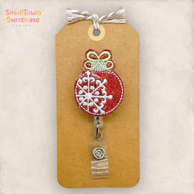 Vintage Red Ornament Badge Reel, Christmas Badge Reel, Nurse Badge Clip, Teacher Lanyard, Coworker Gift, Retractable ID Holder | GLITTER