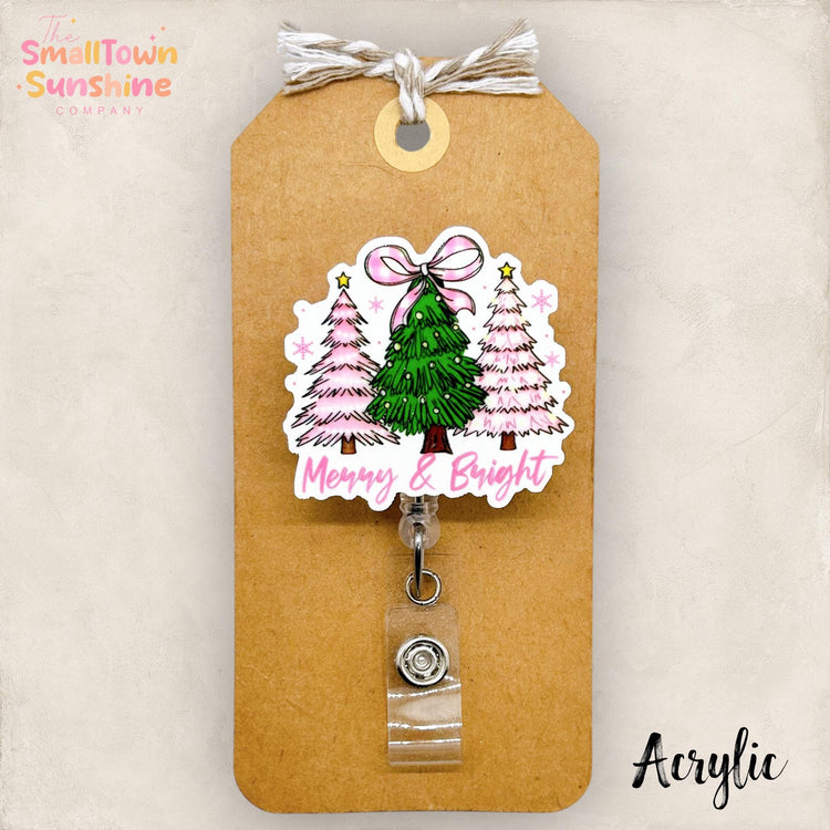 Merry and Bright Badge Reel, Christmas Name Tag, Nurse Badge Clip, Teacher Lanyard, Coworker Gift, Topper, Retractable ID Holder | ACRYLIC