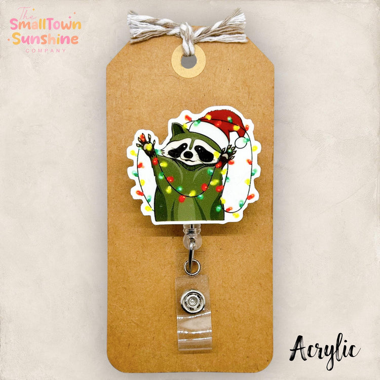 Raccoon with Christmas Lights Badge Reel, Festive Badge, Nurse Badge Clip, Teacher Lanyard, Coworker Gift, Retractable ID Holder | ACRYLIC