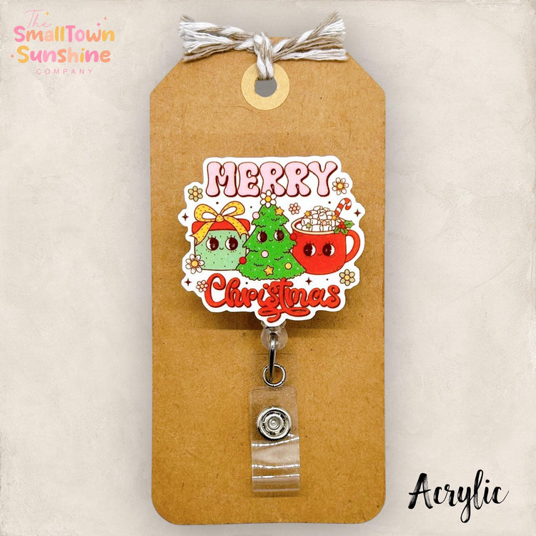 Retro Merry Christmas Badge Reel, Festive Nurse Name Tag, Teacher Lanyard, Coworker Gift, Swappable Topper, Retractable ID Holder | ACRYLIC