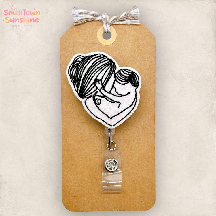 Mother and Son Retractable Badge Reel: Mom ID Holder, Name Tag, Topper, Coworker Gift, Lanyard, MRI Safe, Heavy Duty Options | GLITTER