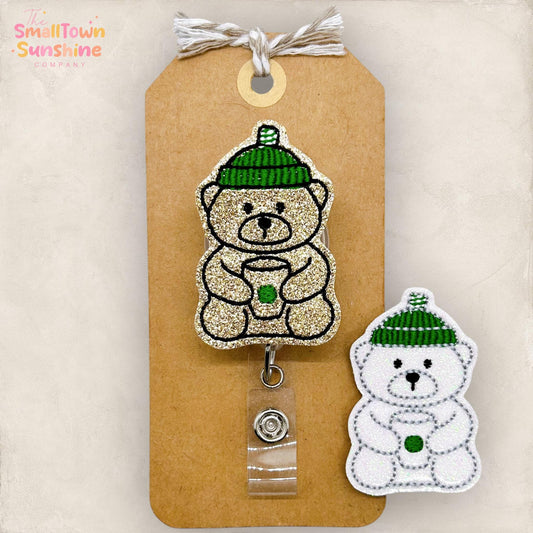 Coffee Shop Bear Retractable Badge Reel: ID Holder, Name Tag, Swappable, Coworker Gift, Lanyard, MRI Safe, Heavy Duty Options | GLITTER