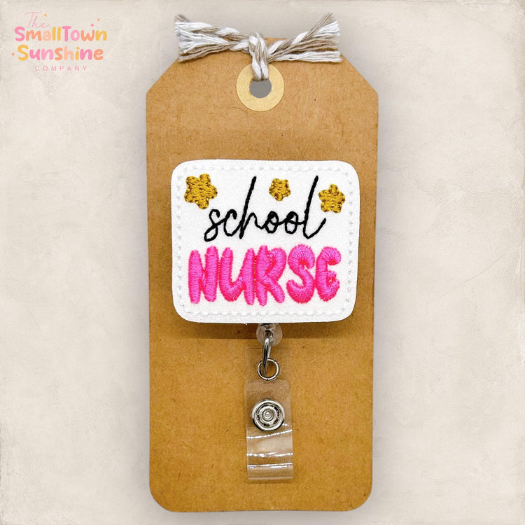 School Nurse Retractable Badge Reel: ID Holder, Interchangeable, Coworker Gift, Topper, Lanyard, MRI Safe, Heavy Duty Options | GLITTER