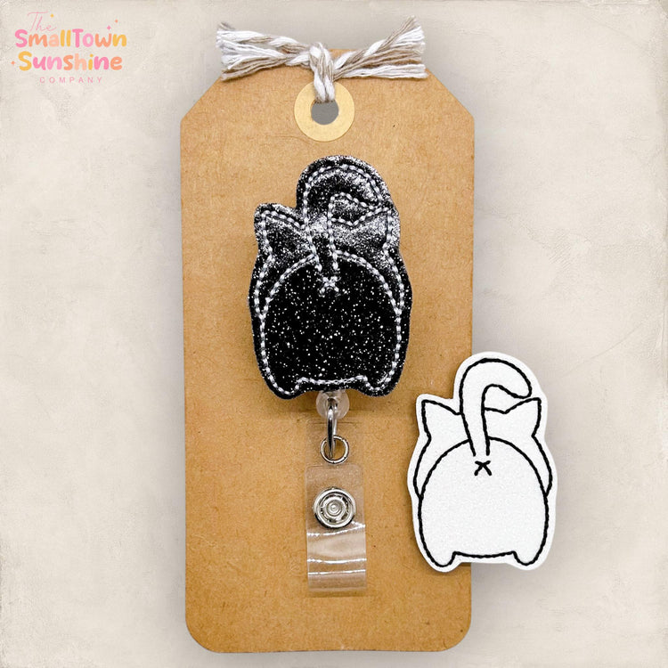 Cat Butt Retractable Badge Reel: Animal ID Holder, Name Tag, Topper, Coworker Gift, Lanyard, MRI Safe, Heavy Duty Options | GLITTER
