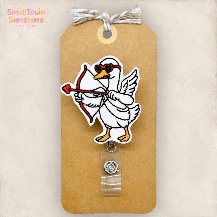 Cupid Goose Retractable Badge Reel: Valentine ID Holder, Name Tag, Topper, Coworker Gift, Lanyard, MRI Safe, Heavy Duty Options | GLITTER
