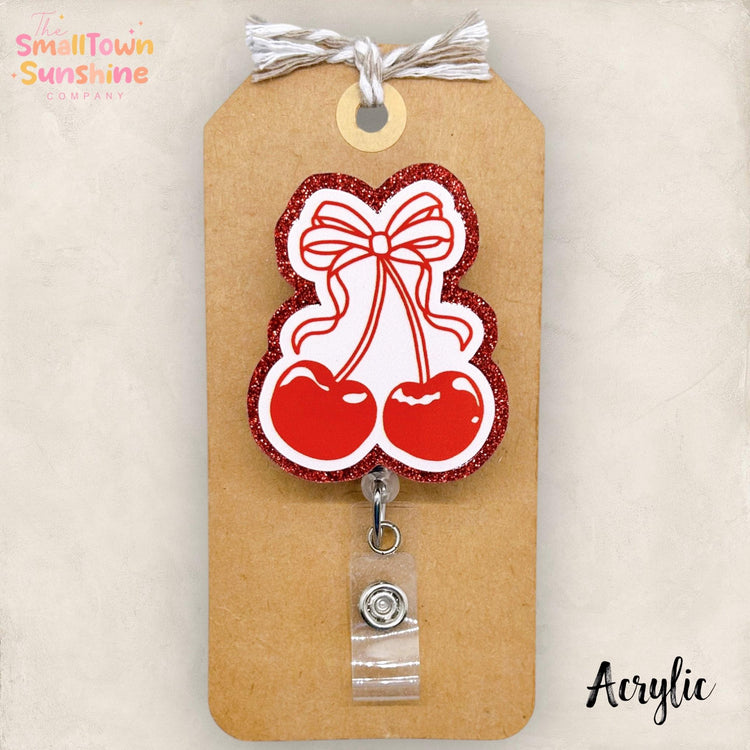 Cherries Badge Reel, Coquette Badge Clip, Nurse Name Tag, Teacher Lanyard, Coworker Gift, Name Tag, Retractable ID Holder | ACRYLIC GLITTER