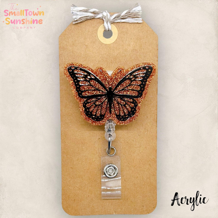 Monarch Butterfly Badge Reel, Nurse Badge Clip, Name Tag, Teacher Lanyard, Coworker Gift, Name Tag, Retractable ID Holder | ACRYLIC GLITTER
