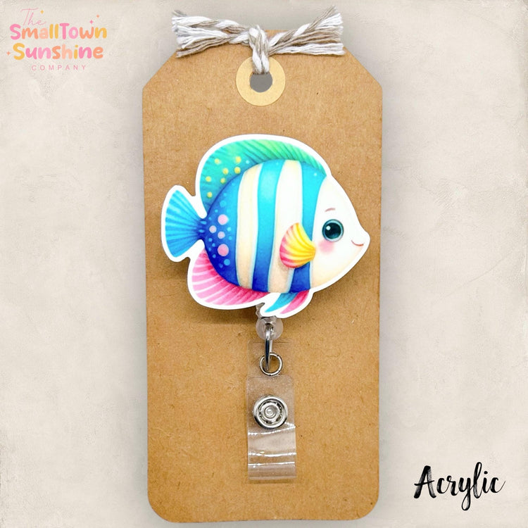 Tropical Fish Retractable Badge Reel: Summer ID Holder, Name Tag, Topper, Coworker Gift, Lanyard, MRI Safe, Heavy Duty Options | ACRYLIC