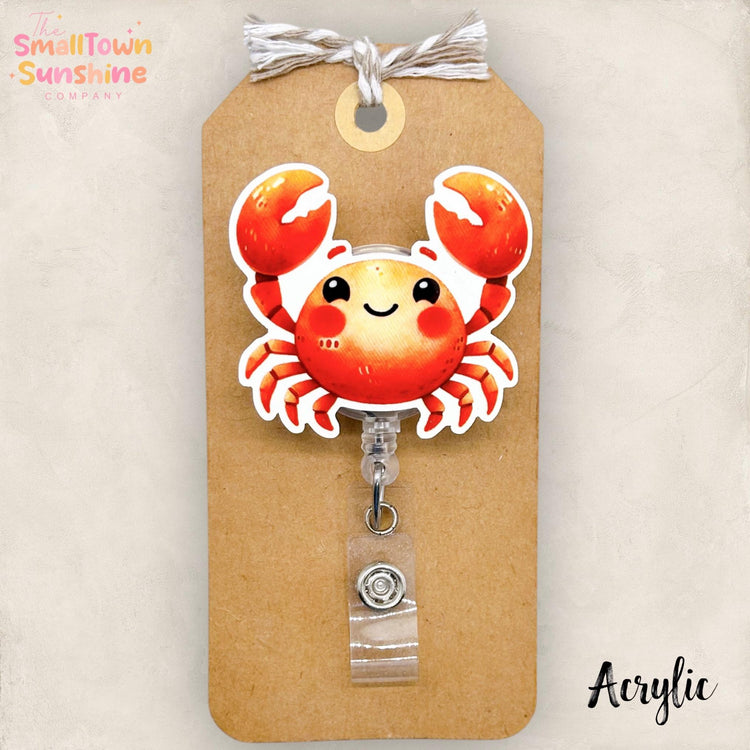 Cute Crab Retractable Badge Reel: Summer ID Holder, Name Tag, Topper, Coworker Gift, Lanyard, MRI Safe, Heavy Duty Options | ACRYLIC