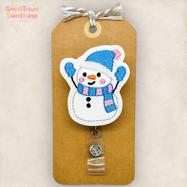 Snowman Retractable Badge Reel: Winter ID Holder, Name Tag, Topper, Coworker Gift, Lanyard, MRI Safe, Heavy Duty Option | GLITTER