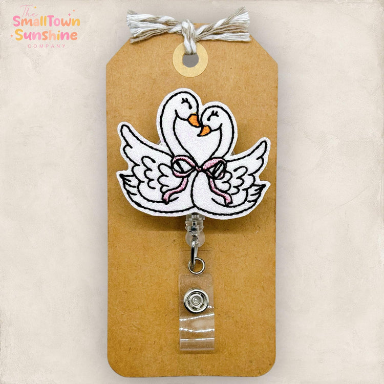 Lover Swans Retractable Badge Reel: Valentine ID Holder, Name Tag, Topper, Coworker Gift, Lanyard, MRI Safe, Heavy Duty Options | GLITTER