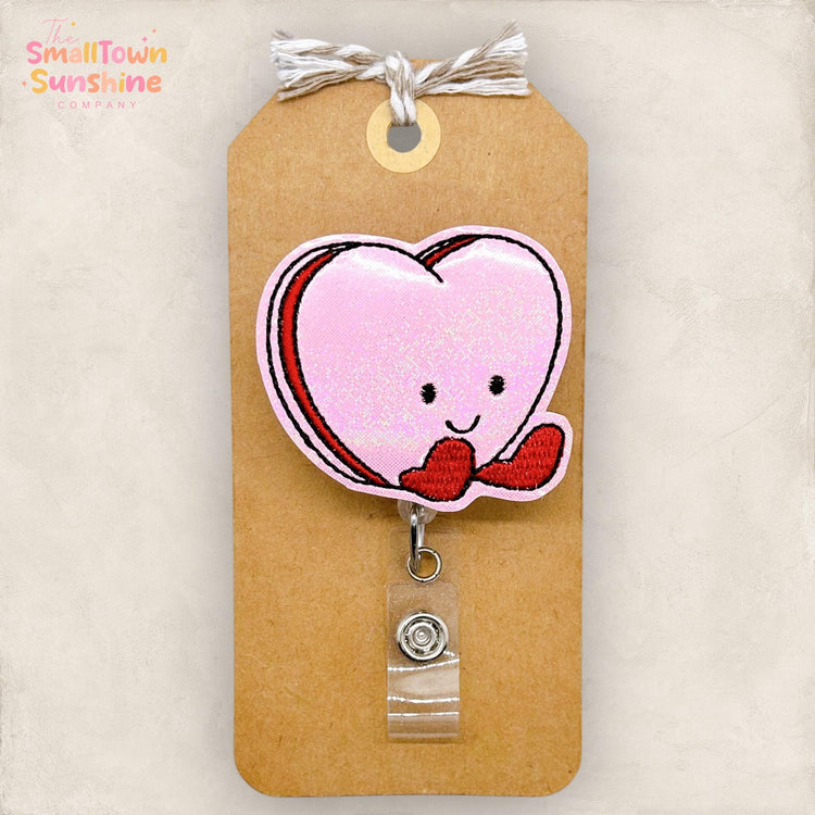 Heart Macaron Retractable Badge Reel: Valentine ID Holder, Name Tag, Swappable Topper, Coworker Gift, Lanyard, MRI Safe, Heavy Duty Options