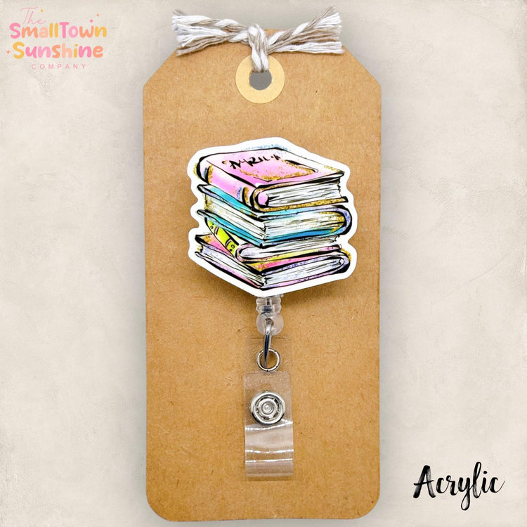 Book Stack Retractable Badge Reel: Librarian ID Holder, Name Tag, Topper, Coworker Gift, Lanyard, MRI Safe, Heavy Duty Options | ACRYLIC