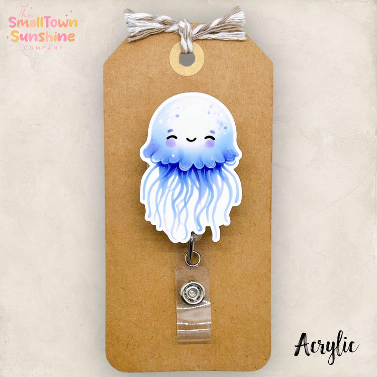 Jellyfish Retractable Badge Reel: Summer ID Holder, Name Tag, Topper, Coworker Gift, Lanyard, MRI Safe, Heavy Duty Options | ACRYLIC