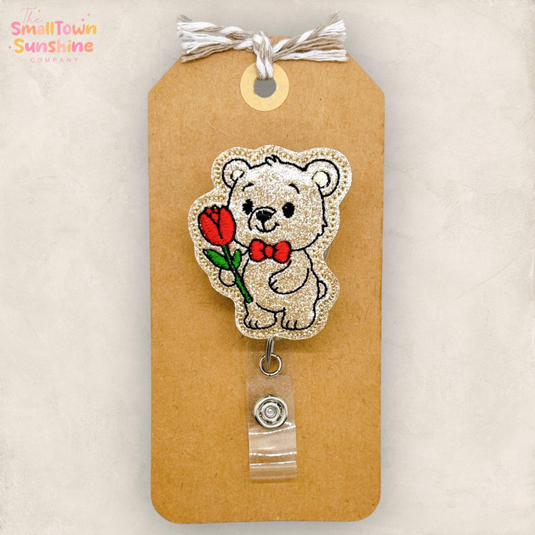 Boyfriend Bear Retractable Badge Reel: Valentine ID Holder, Name Tag, Topper, Coworker Gift, Lanyard, MRI Safe, Heavy Duty Options | GLITTER