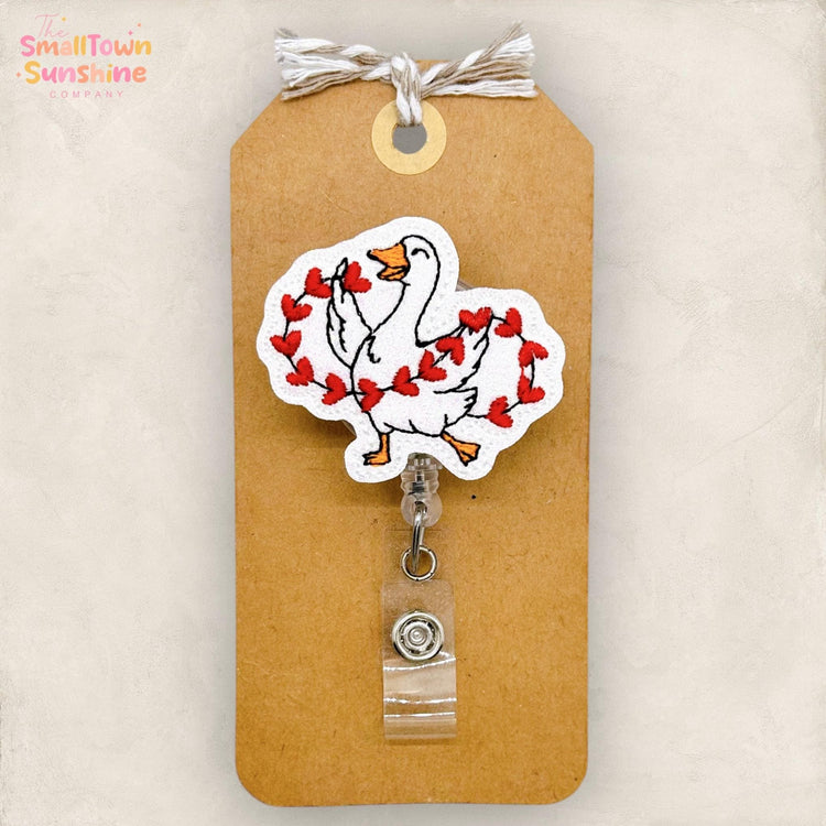 Love Goose Retractable Badge Reel: Valentine ID Holder, Name Tag, Topper, Coworker Gift, Lanyard, MRI Safe, Heavy Duty Options | GLITTER