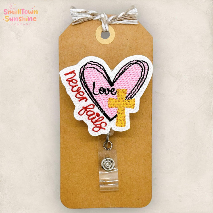 Love Never Fails Retractable Badge Reel: Faith ID Holder, Name Tag, Topper, Coworker Gift, Lanyard, MRI Safe, Heavy Duty Options | GLITTER