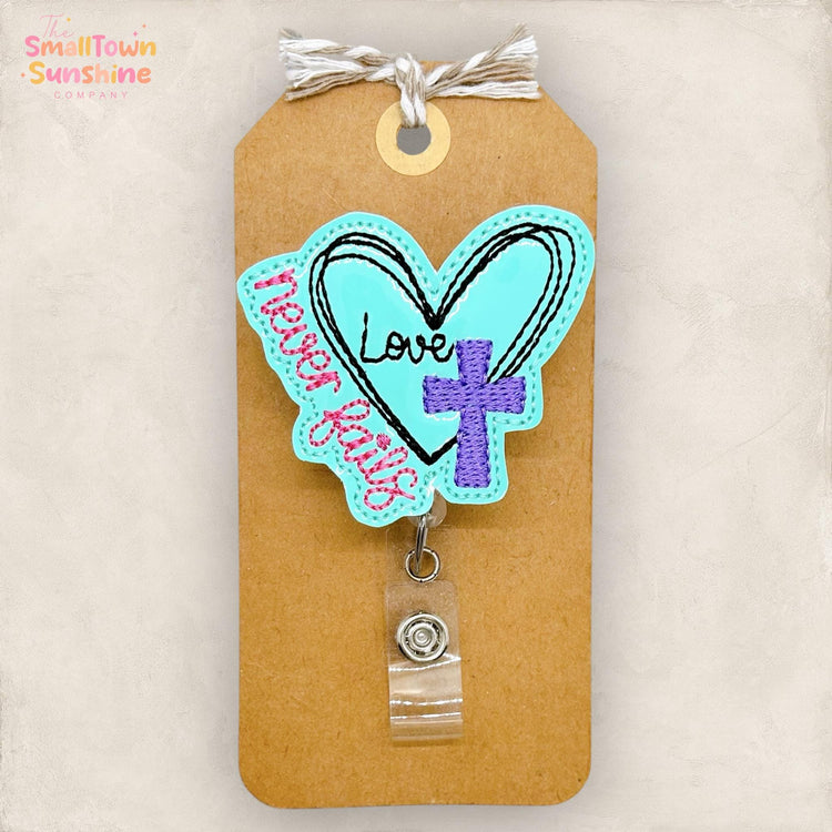 Love Never Fails Retractable Badge Reel: Faith ID Holder, Name Tag, Topper, Coworker Gift, Lanyard, MRI Safe, Heavy Duty Options | GLITTER