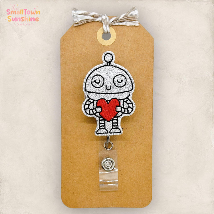 Love Robot Retractable Badge Reel: Valentine ID Holder, Name Tag, Topper, Coworker Gift, Lanyard, MRI Safe, Heavy Duty Options | GLITTER