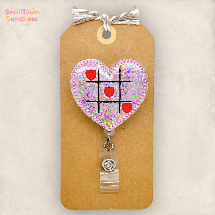 Tic Tac Toe Retractable Badge Reel: Valentine ID Holder, Name Tag, Topper, Coworker Gift, Lanyard, MRI Safe, Heavy Duty Options | GLITTER