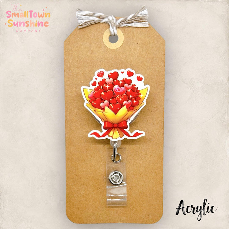 Heart Bouquet Retractable Badge Reel: Valentine ID Holder, Name Tag, Topper, Coworker Gift, Lanyard, MRI Safe, Heavy Duty Options | ACRYLIC