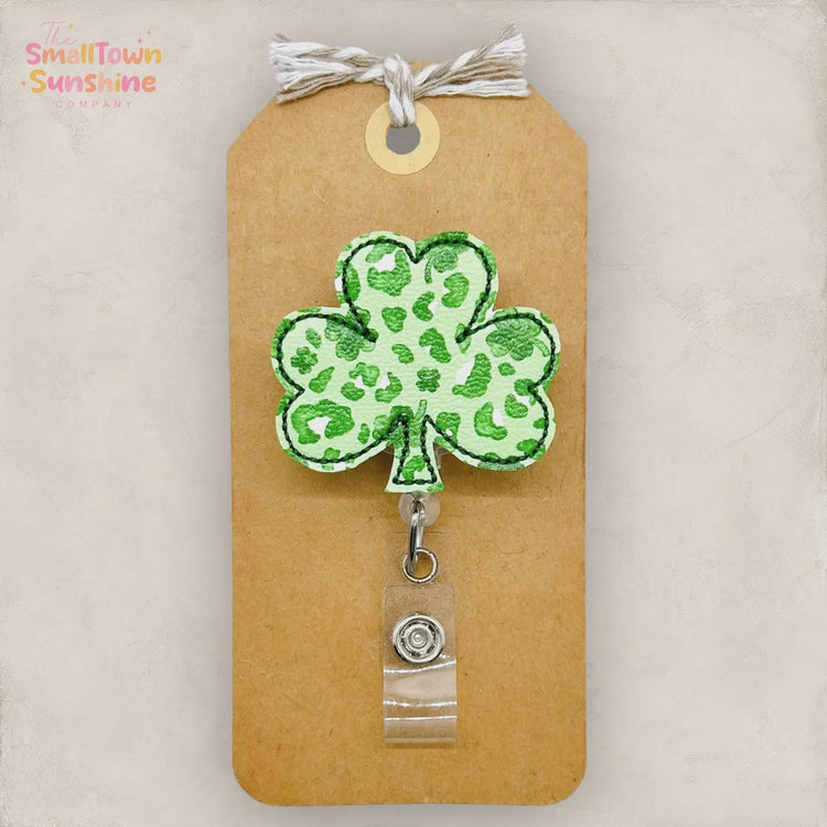 Cheetah Shamrock Retractable Badge Reel: St Patrickβs ID Holder, Name Tag, Topper, Coworker Gift, Lanyard, MRI Safe, Heavy Duty Options