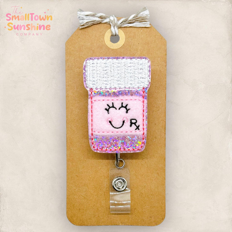 Pink Pill Bottle Retractable Badge Reel: Pharmacy Tech ID Holder, Name Tag, Topper, Coworker Gift, Lanyard, MRI Safe, Heavy Duty Options