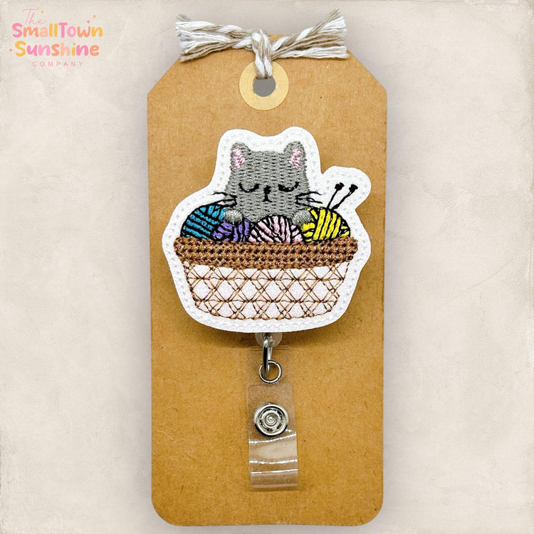 Cat Nap Retractable Badge Reel: Crochet Kitty ID Holder, Name Tag, Topper, Coworker Gift, Lanyard, MRI Safe, Heavy Duty Options | GLITTER