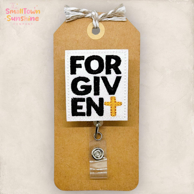 Forgiven Retractable Badge Reel: Christian ID Holder, Name Tag, Swappable Topper, Coworker Gift, Lanyard, MRI Safe, Heavy Duty | GLITTER