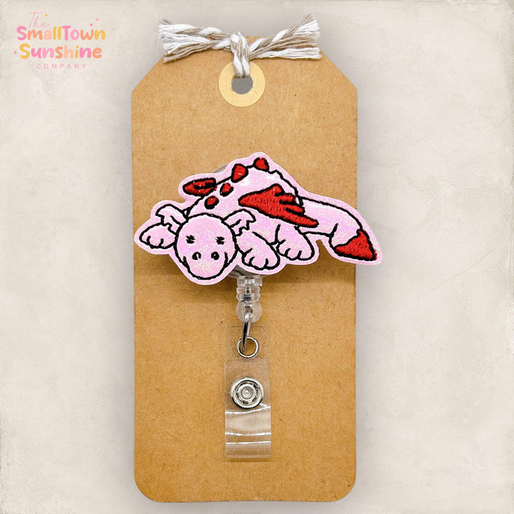 Pink Dragon Retractable Badge Reel: Animal ID Holder, Name Tag, Swappable Topper, Coworker Gift, Lanyard, MRI Safe, Heavy Duty Options