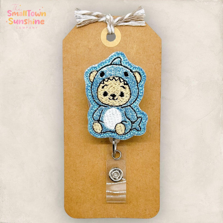 Teddy Bear Shark Retractable Badge Reel: Animal ID Holder, Name Tag, Topper, Coworker Gift, Lanyard, MRI Safe, Heavy Duty Options | GLITTER
