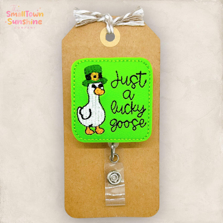 Just a Lucky Goose Retractable Badge Reel: St Patrickβs Day ID Holder, Name Tag, Topper, Coworker Gift, Lanyard, MRI Safe, Heavy Duty Option