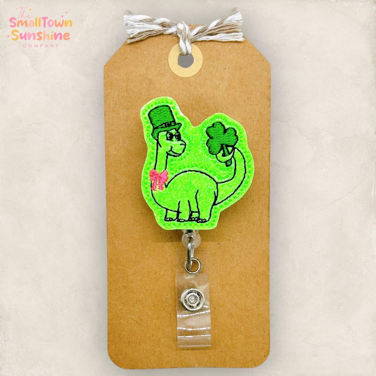 Leprechaun Dino Retractable Badge Reel: St Patrickβs Day ID Holder, Name Tag, Topper, Coworker Gift, MRI Safe, Heavy Duty Options | GLITTER