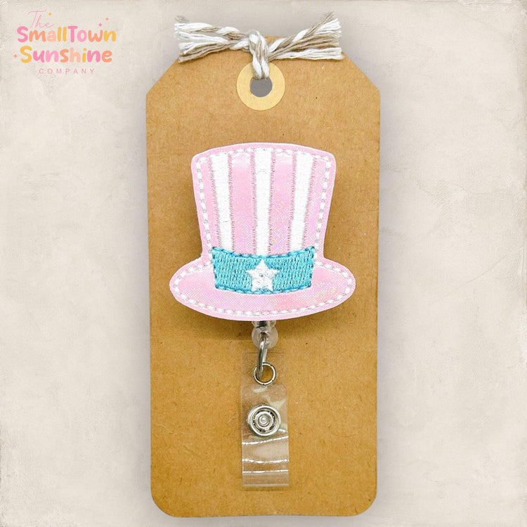Uncle Sam Hat Retractable Badge Reel: Pastel Patriotic ID Holder, Name Tag, Topper, Coworker Gift, Lanyard, MRI Safe, Heavy Duty Options
