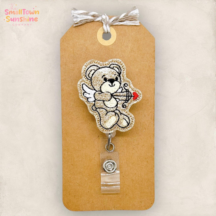 Cupid Bear Retractable Badge Reel: Valentine ID Holder, Name Tag, Topper, Coworker Gift, Lanyard, MRI Safe, Heavy Duty Options | GLITTER