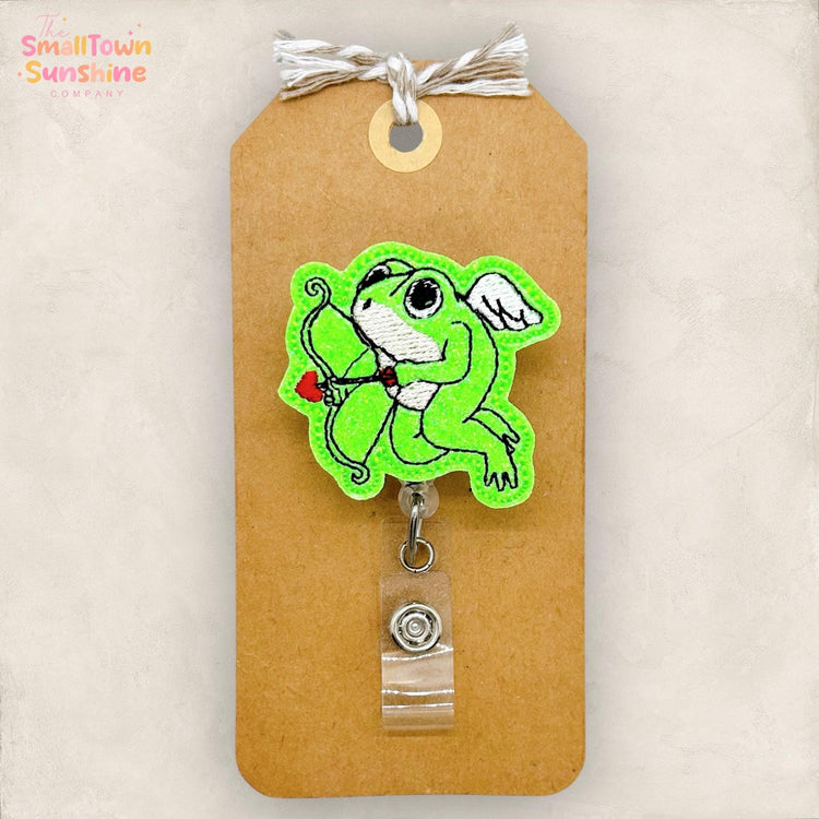 Cupid Frog Retractable Badge Reel: Valentine ID Holder, Name Tag, Topper, Coworker Gift, Lanyard, MRI Safe, Heavy Duty Options | GLITTER