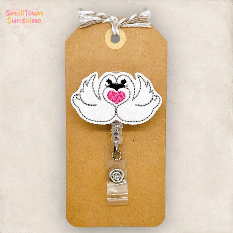 Love Bird Swans Retractable Badge Reel: Valentine ID Holder, Name Tag, Topper, Coworker Gift, Lanyard, MRI Safe, Heavy Duty Option | GLITTER