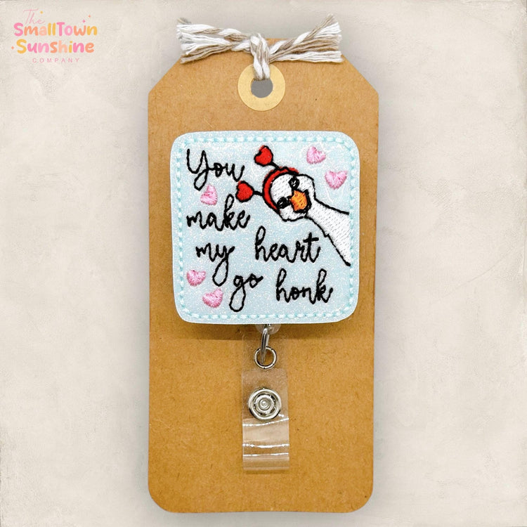 You Make my Heart Go Honk Retractable Badge Reel: Valentine ID Holder, Topper, Coworker Gift, Lanyard, MRI Safe, Heavy Duty Option | GLITTER