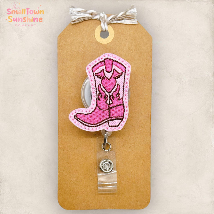 Pink Cowboy Boot Retractable Badge Reel: Valentine ID Holder, Name Tag, Topper, Coworker Gift, Lanyard, MRI Safe, Heavy Duty Options