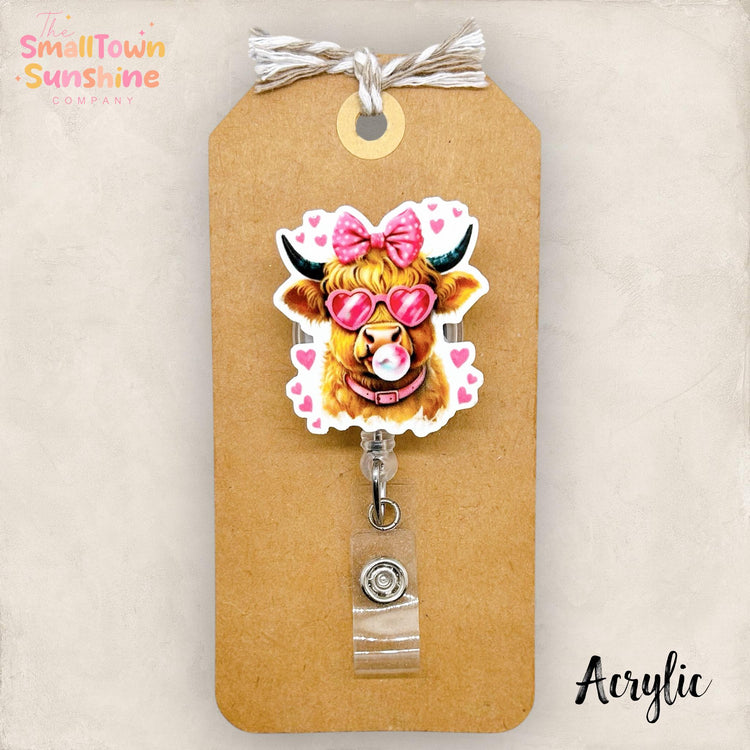Pink Highland Cow Badge Reel: Valentine ID Holder, Name Tag, Topper, Coworker Gift, Lanyard, MRI Safe, Heavy Duty Options | ACRYLIC