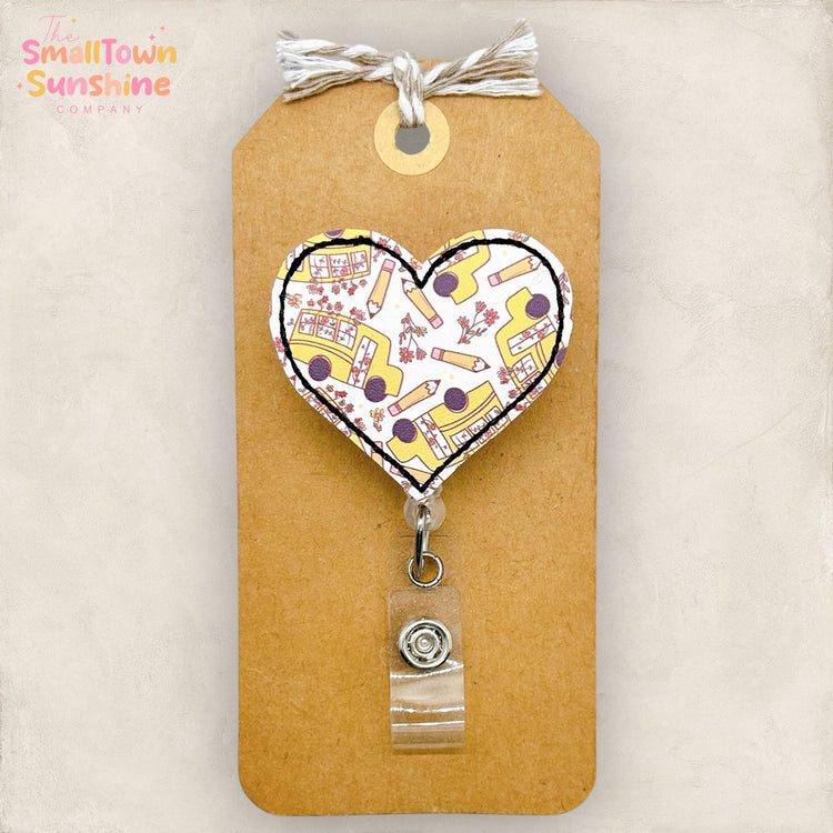 Vintage School Bus Heart Retractable Badge Reel: Bus Duty ID Holder, Name Tag, Topper, Coworker Gift, Lanyard, MRI Safe, Heavy Duty Options