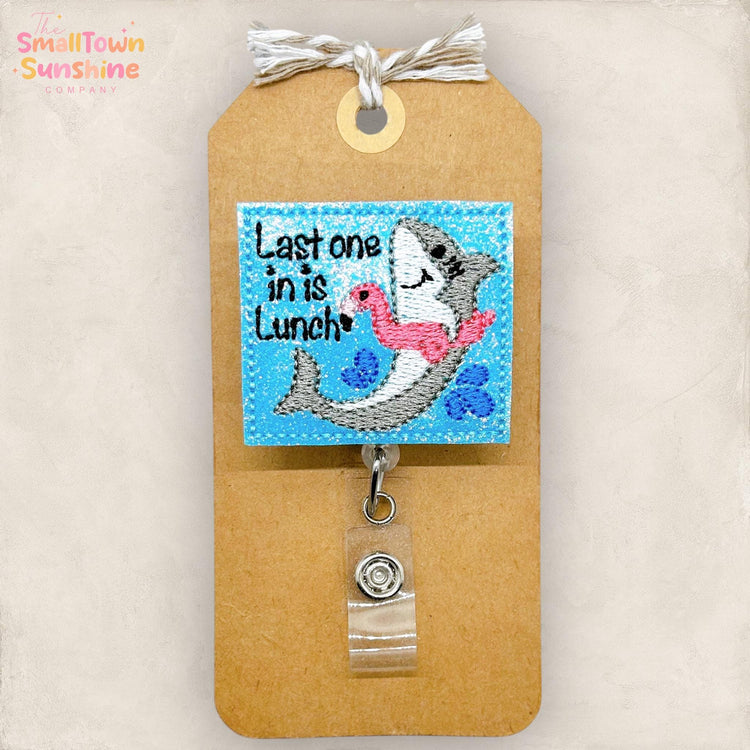 Last One in is Lunch Retractable Badge Reel: Shark ID Holder, Name Tag, Topper, Coworker Gift, MRI Safe, Heavy Duty Options | GLITTER