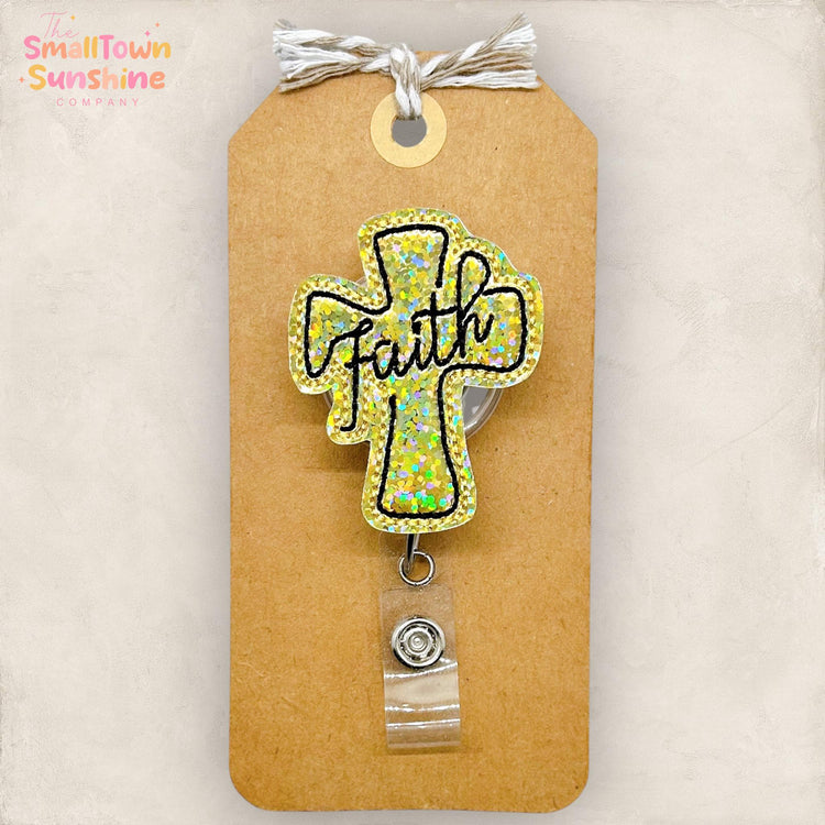 Gold Faith Cross Retractable Badge Reel: Christian ID Holder, Name Tag, Topper, Coworker Gift, Lanyard, MRI Safe, Heavy Duty Options