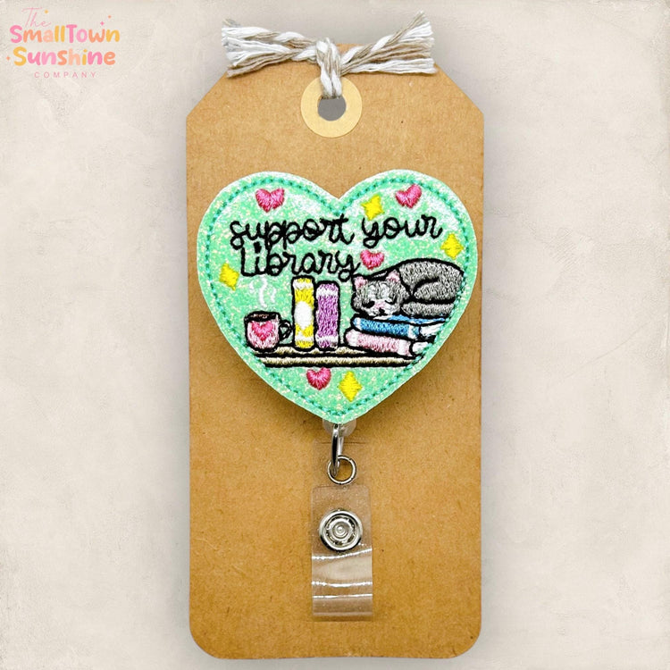 Support Your Library Retractable Badge Reel: Cat Nap ID Holder, Name Tag, Topper, Coworker Gift, Lanyard, MRI Safe, Heavy Duty | GLITTER