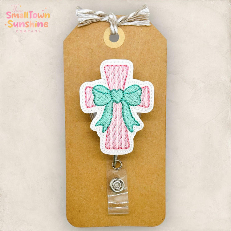 Pastel Cross Retractable Badge Reel: Christian Easter ID Holder, Name Tag, Topper, Coworker Gift, Lanyard, MRI Safe, Heavy Duty | GLITTER