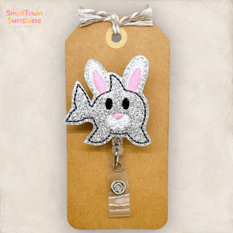 Grey Bunny Shark Retractable Badge Reel: Easter ID Holder, Name Tag, Topper, Coworker Gift, Lanyard, MRI Safe, Heavy Duty Options | GLITTER