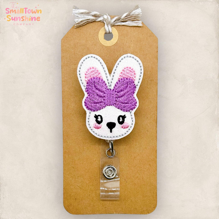 White Bunny Retractable Badge Reel: Easter Rabbit ID Holder, Name Tag, Topper, Coworker Gift, Lanyard, MRI Safe, Heavy Duty Option | GLITTER