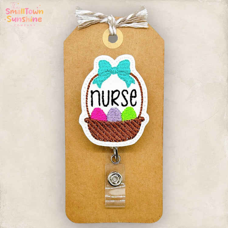 Nurse Easter Basket Retractable Badge Reel: ID Holder, Name Tag, Topper, Coworker Gift, Lanyard, MRI Safe, Heavy Duty Option | GLITTER